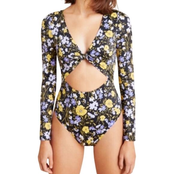 Tori Praver Other - Tori Praver Paige Cut Out Rashguard M Swimwear Blk Yellow Floral Surfer Feminine